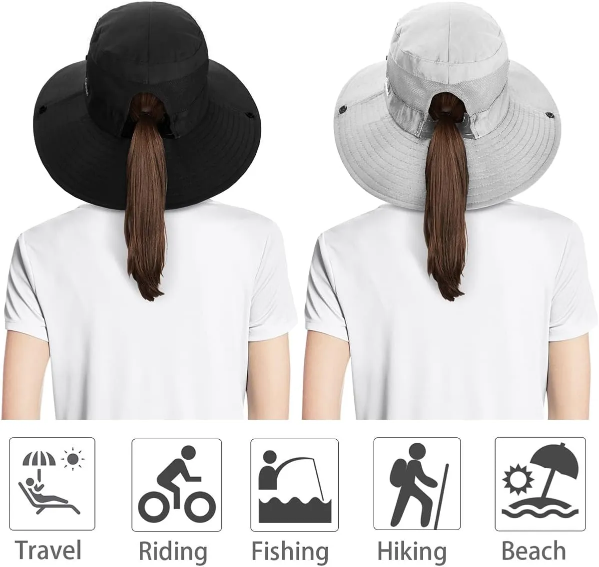 IYEBRAO 2 Pack Womens Ponytail Sun Hat UV Protection Bucket Hats Foldable Wide Brim Summer Boonie Beach Cap Fishing Hiking