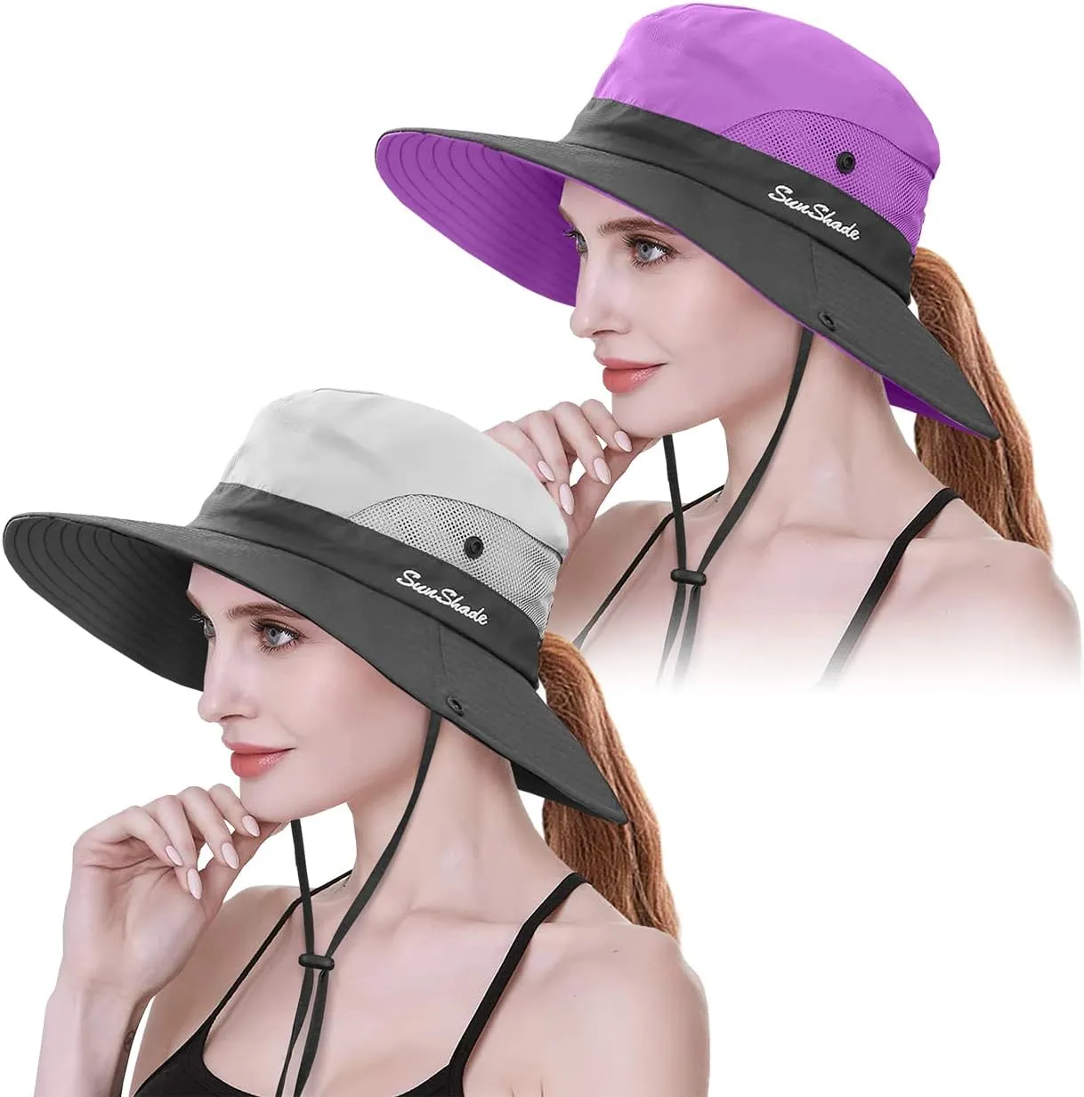 IYEBRAO 2 Pack Womens Ponytail Sun Hat UV Protection Bucket Hats Foldable Wide Brim Summer Boonie Beach Cap Fishing Hiking