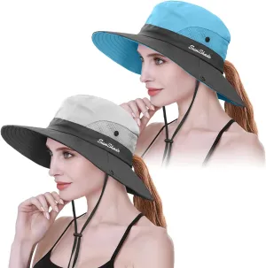 IYEBRAO 2 Pack Womens Ponytail Sun Hat UV Protection Bucket Hats Foldable Wide Brim Summer Boonie Beach Cap Fishing Hiking