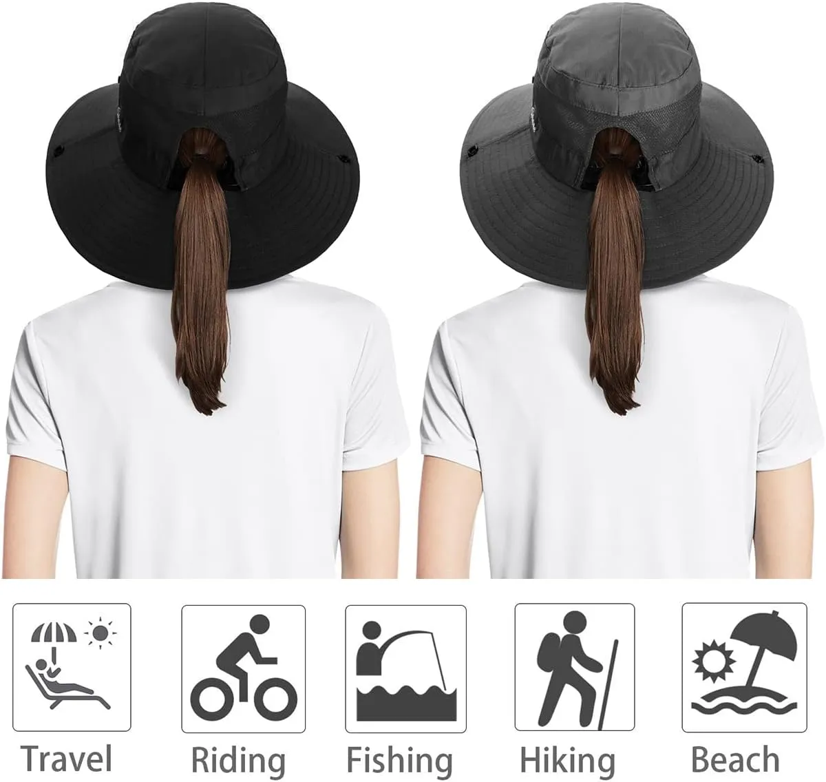 IYEBRAO 2 Pack Womens Ponytail Sun Hat UV Protection Bucket Hats Foldable Wide Brim Summer Boonie Beach Cap Fishing Hiking