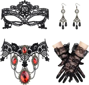 JeryWe 4 Pieces Halloween Elegant Necklace Set for Women Punk Pendant Necklace Gothic Black Lace Neck Chain Collar Statement Choker Lolita Gloves Mask Earrings Victorian Steampunk Wedding Party Cosplay