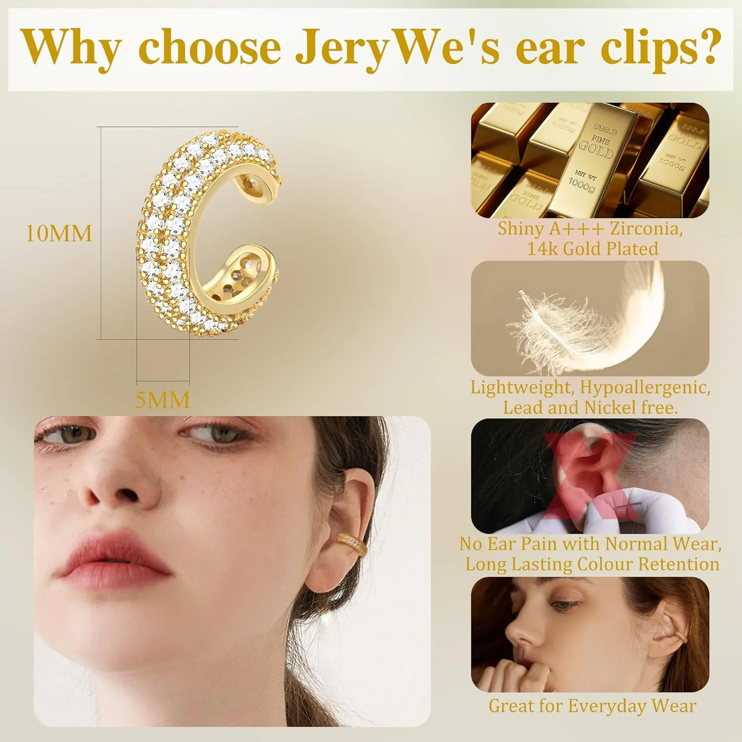 JeryWe Ear Cuff Earrings for Women Non Piercing - 14K Gold Plated Huggie Hoop, Clip On Elegant Ear Clips, Cartilage Wrap, Fashionable Fake Earring Cuffs for Non Pierced Ears 2PCS