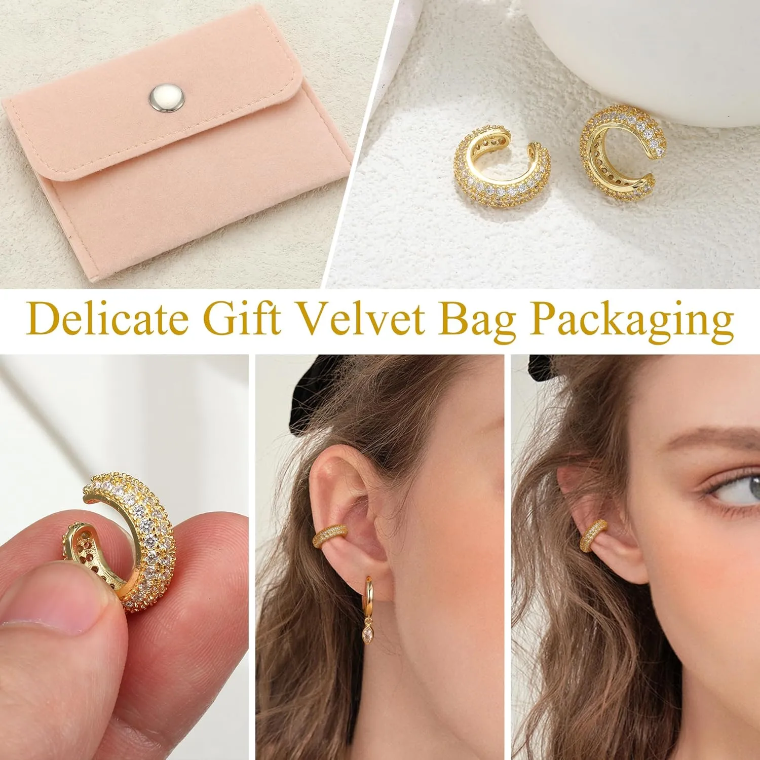 JeryWe Ear Cuff Earrings for Women Non Piercing - 14K Gold Plated Huggie Hoop, Clip On Elegant Ear Clips, Cartilage Wrap, Fashionable Fake Earring Cuffs for Non Pierced Ears 2PCS