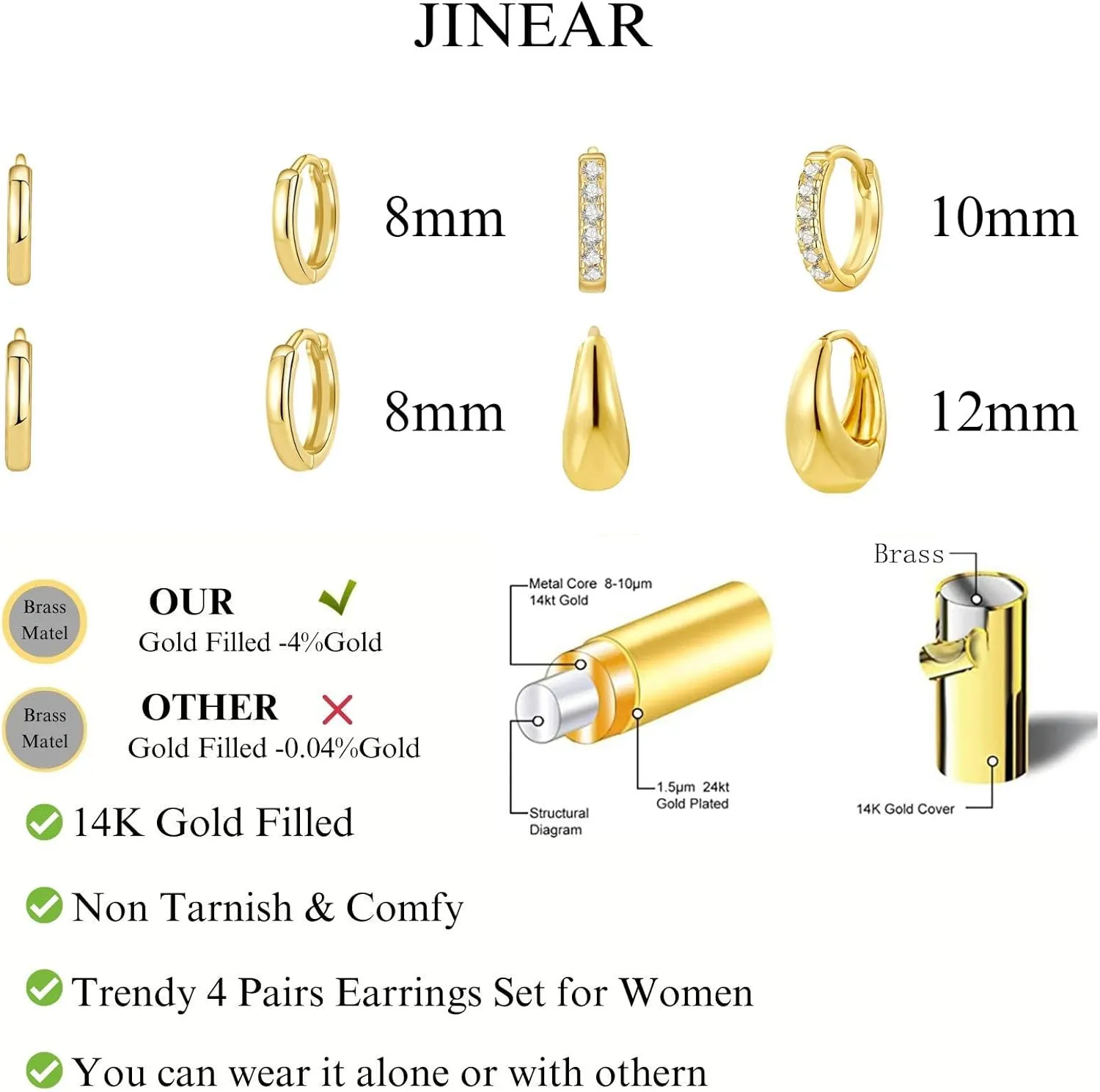 JINEAR 4 Pairs Gold Hoop Earrings Set for Women, 14K Plated Chunky Gold Hoop Earrings Dainty Simple Gold Earrings Hypoallergenic Non Tarnish Small Hoop Earrings Cartilage Earrings Jewelry Gift