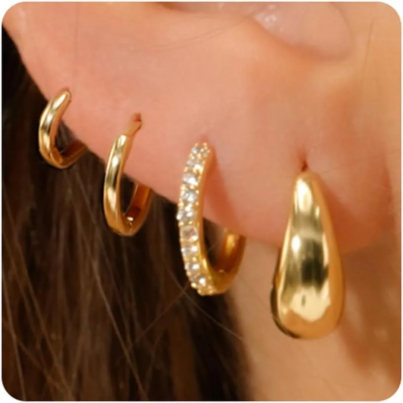 JINEAR 4 Pairs Gold Hoop Earrings Set for Women, 14K Plated Chunky Gold Hoop Earrings Dainty Simple Gold Earrings Hypoallergenic Non Tarnish Small Hoop Earrings Cartilage Earrings Jewelry Gift