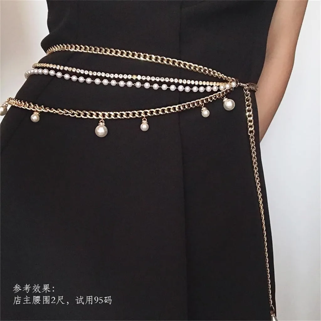 JSEIAJB Pearl Rhinestone Multi-layer Waist Chain, Metal Chain, Tassel Decorative Chain, Women's Waist Belt