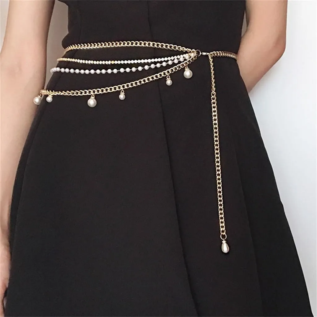 JSEIAJB Pearl Rhinestone Multi-layer Waist Chain, Metal Chain, Tassel Decorative Chain, Women's Waist Belt