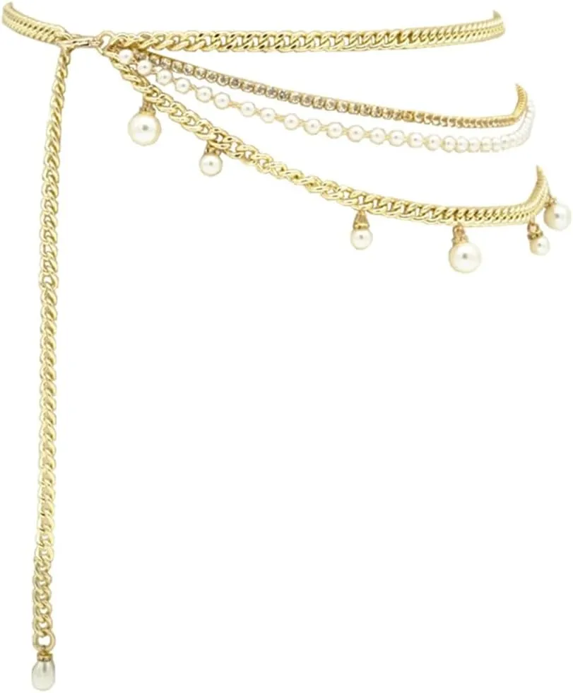 JSEIAJB Pearl Rhinestone Multi-layer Waist Chain, Metal Chain, Tassel Decorative Chain, Women's Waist Belt