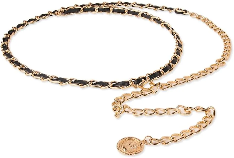 JSEIAJB Women's Hook Layered Leather Stripe Waist Chain Women's Hanging Figure Decorative Belt