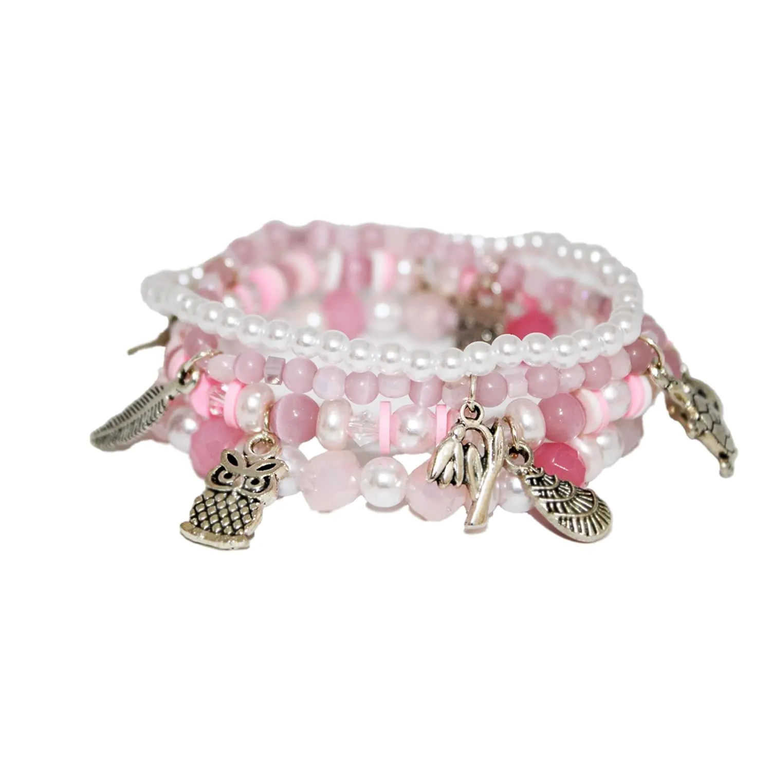 Kawaii Stretch Bead Charm Bracelets for Women, Elastic Bracelets with Multiple Charms, Adjustable Charm Bracelets for Girls, Teen Girls, Best Friend Gift (4 PCS)