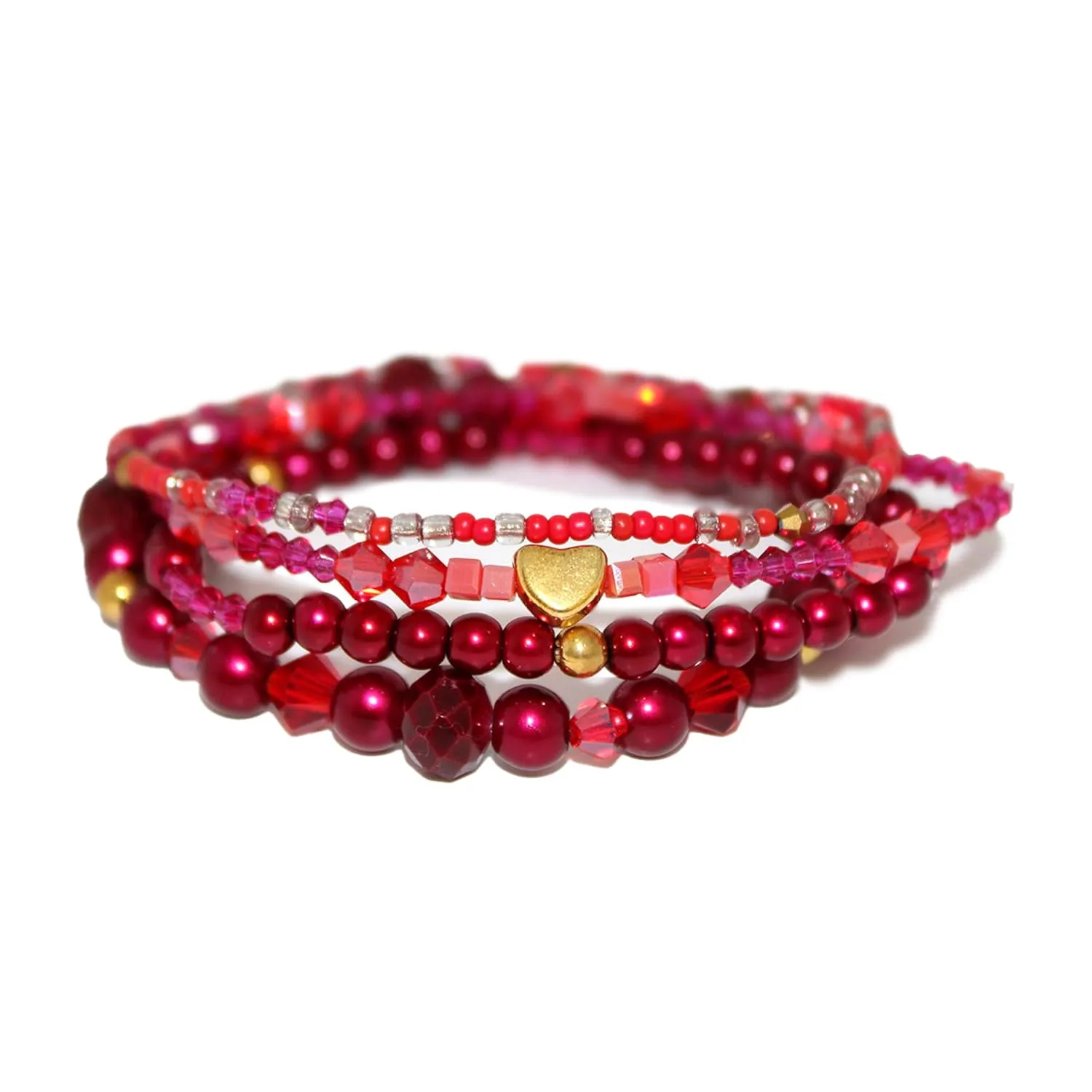 Kawaii Stretch Bead Charm Bracelets for Women, Elastic Bracelets with Multiple Charms, Adjustable Charm Bracelets for Girls, Teen Girls, Best Friend Gift (Red 4 PCS)