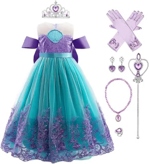 Kids Girls Little Mermaid Costume Ariel Princess Fancy Dress Up Birthday Party Halloween Christmas Carnival Cosplay Dresses   Crown   Jewelry Fairy Tales Outfit Set Purple Green 7-8 Years