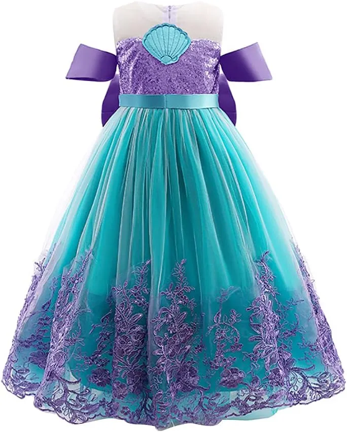 Kids Girls Little Mermaid Costume Ariel Princess Fancy Dress Up Birthday Party Halloween Christmas Carnival Cosplay Dresses   Crown   Jewelry Fairy Tales Outfit Set Purple Green 7-8 Years