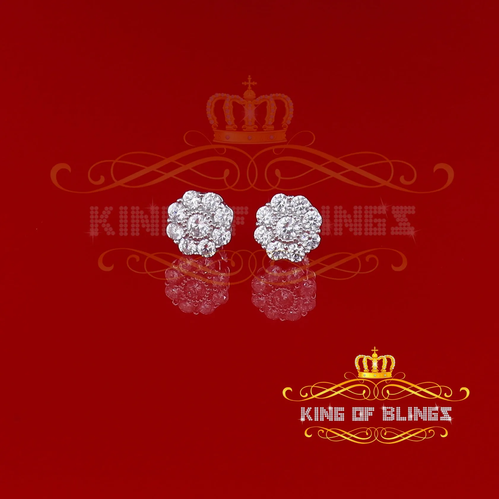 King of Blings- White 925 Silver 2.1ct Cubic Zirconia Women's & Men's Hip Hop Floral Earrings