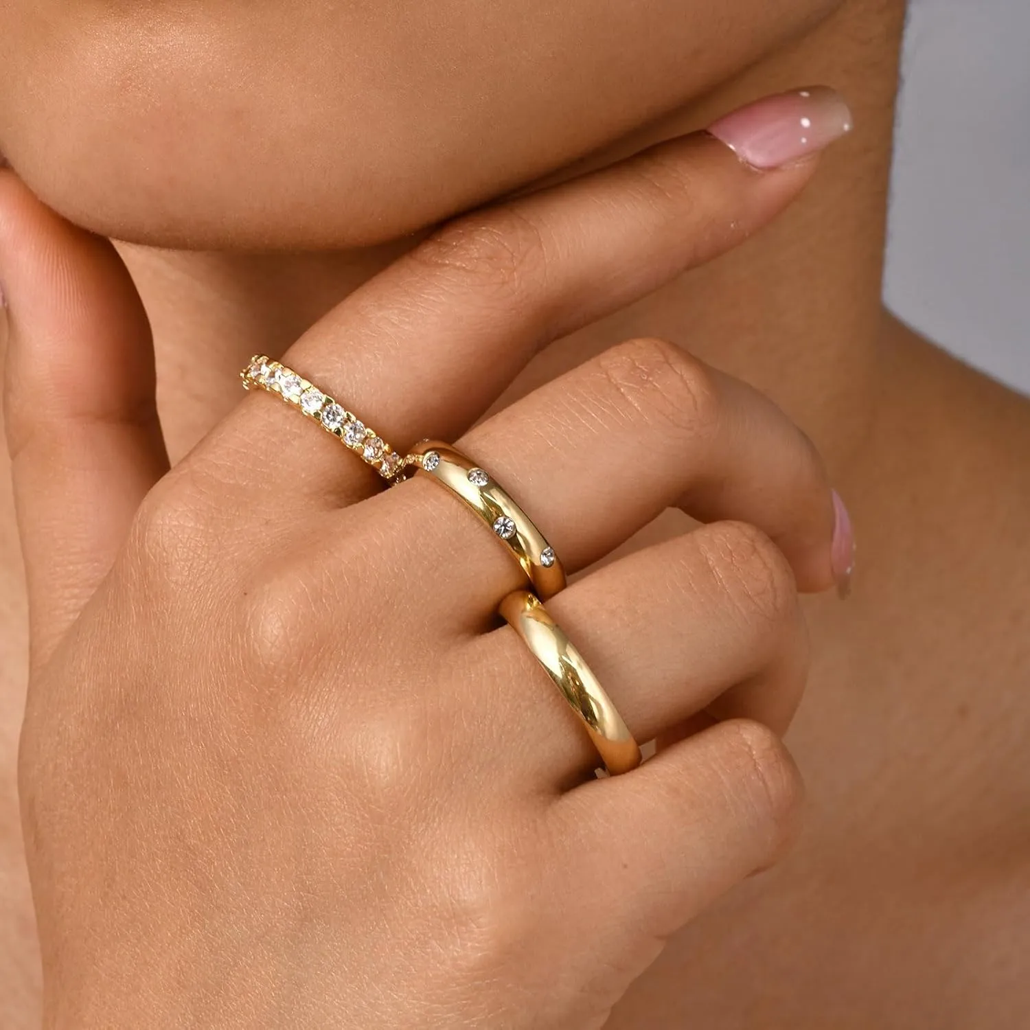 KSF Gold Rings for Women Non Tarnish - 14K Gold Plated Stackable Cubic Zirconia Rings Set for Women Trendy Statement Band Promise Engagement Stack Rings Size 6 7 8 9