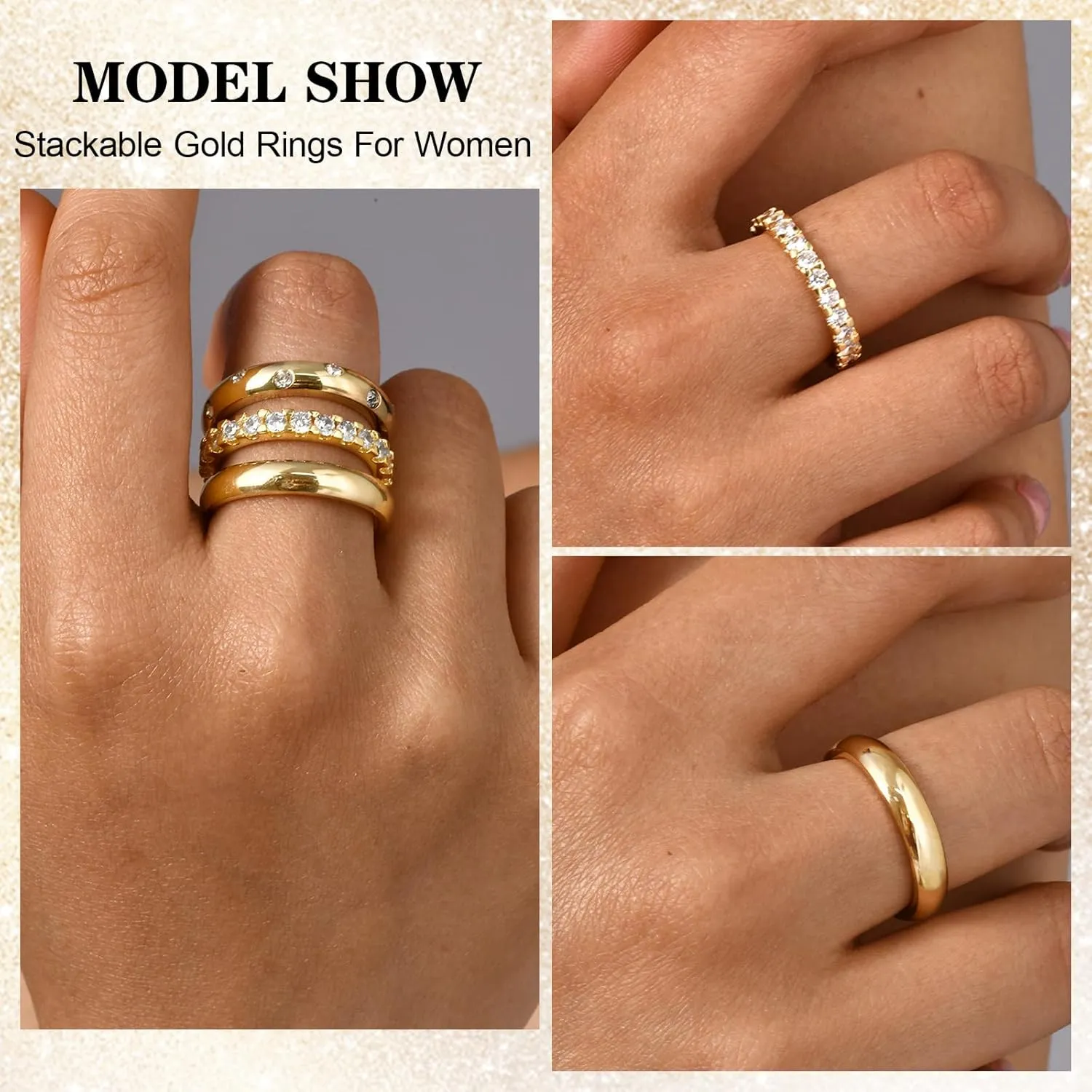KSF Gold Rings for Women Non Tarnish - 14K Gold Plated Stackable Cubic Zirconia Rings Set for Women Trendy Statement Band Promise Engagement Stack Rings Size 6 7 8 9