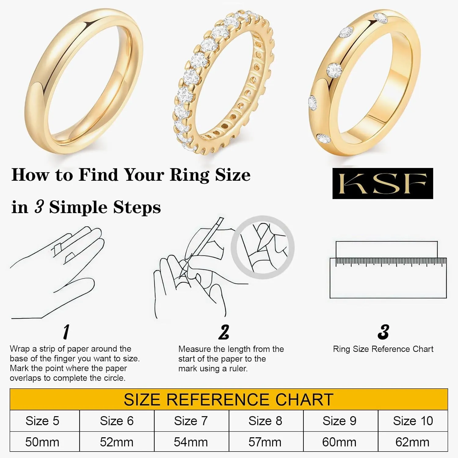 KSF Gold Rings for Women Non Tarnish - 14K Gold Plated Stackable Cubic Zirconia Rings Set for Women Trendy Statement Band Promise Engagement Stack Rings Size 6 7 8 9