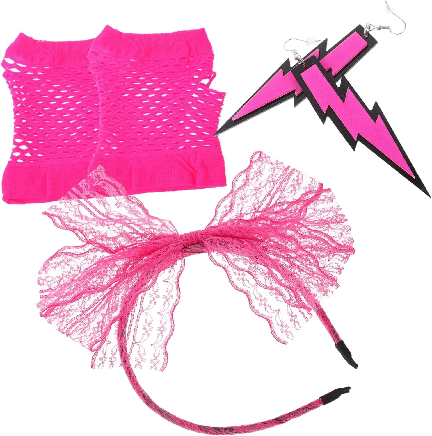Lace Headband Fishnet Gloves 80's Party Costumes Neon Earrings