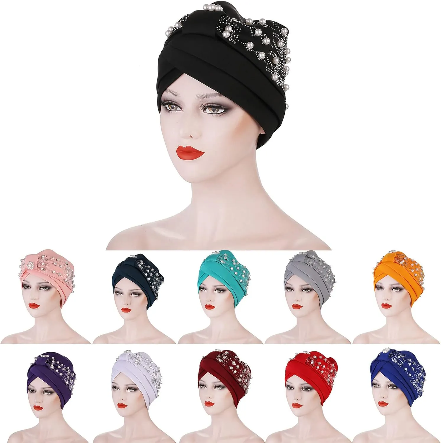 Ladies Quick Drying Caps Womens Fashion Solid Hot Diamond Pearl Headband Womens Elastic Headband Cap (Gold, One Size)