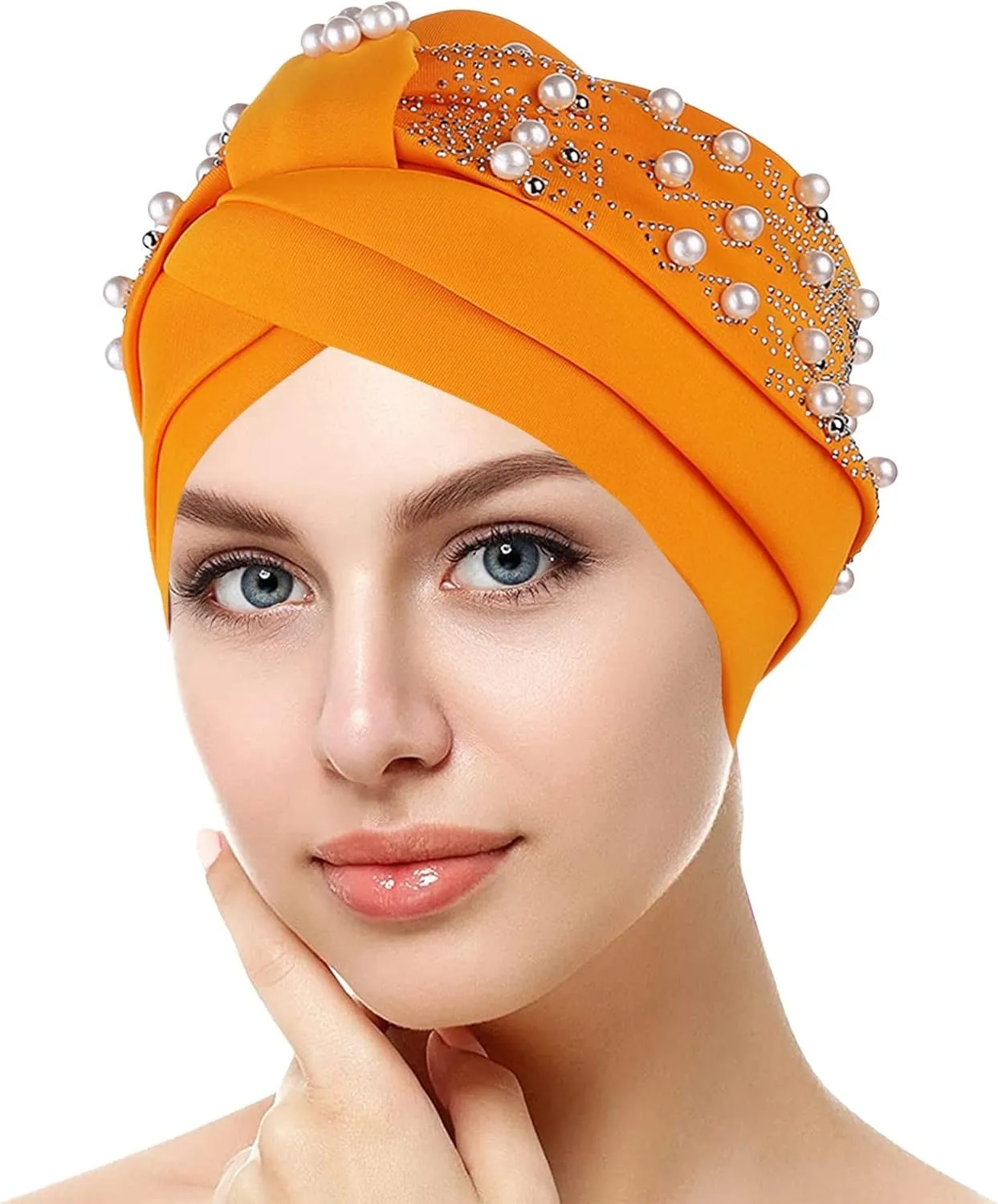 Ladies Quick Drying Caps Womens Fashion Solid Hot Diamond Pearl Headband Womens Elastic Headband Cap (Gold, One Size)