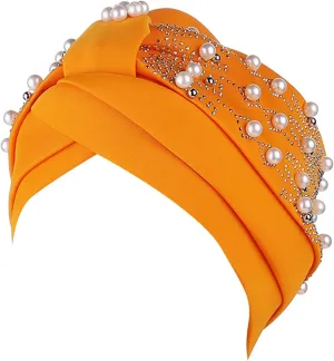 Ladies Quick Drying Caps Womens Fashion Solid Hot Diamond Pearl Headband Womens Elastic Headband Cap (Gold, One Size)