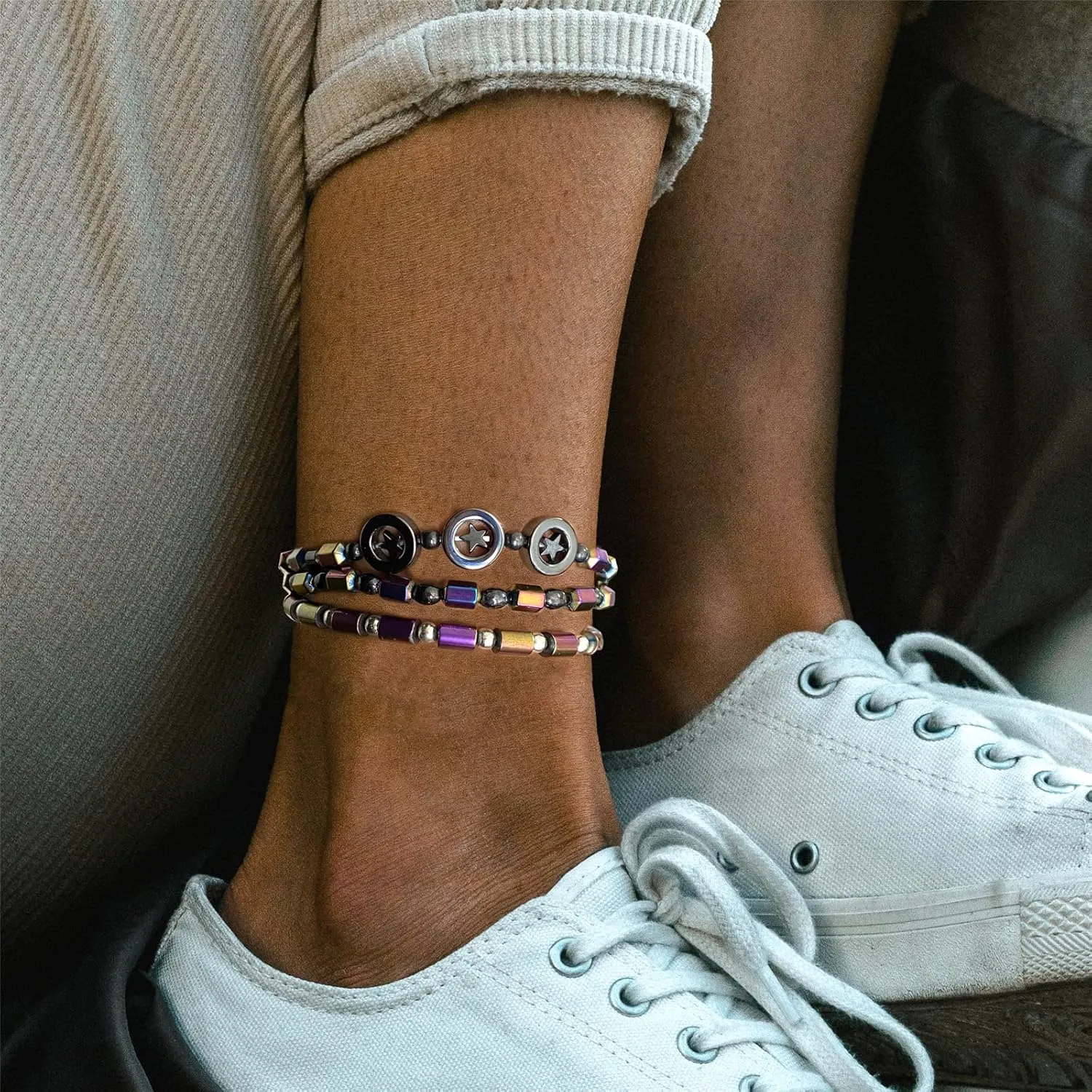 Layered Anklets Women Heart Ankle Bracelet Hematite Charm Beaded Dainty Foot Jewelry for Women and Teen Girls Summer Barefoot Beach Anklet