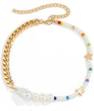 Layered Necklace Aesthetic, Women's Chain Necklace Stackable Gold Lobster Claw White Round Pearl Star Design Anniversary Jewlery for Teen Girls