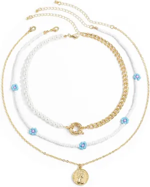 Layered Necklace Prom, 3 Layered Necklaces for Women Gold Lobster Claw White Round Small Daisy Pearl Chain Design Vacation Wedding Jewelry
