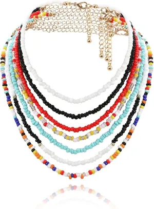 Layered Necklace Trendy, Stacked Necklace Chain 7 Layer Colorful Lobster Claw Contrasting Beige Bead Design Friendship Sisters Gifts from Sister