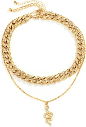 Layered Necklace Vintage, 2 Layer Necklace 2 Layer Vintage Rhinestone Cuban Chain with Snake Pendant Design Graduation