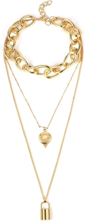 Layered Necklaces for Teen Girls Aesthetic, 3 Layered Necklaces for Women Gold Lobster Claw Multilayer Lock Pendant Chain Design Graduation Jewerly
