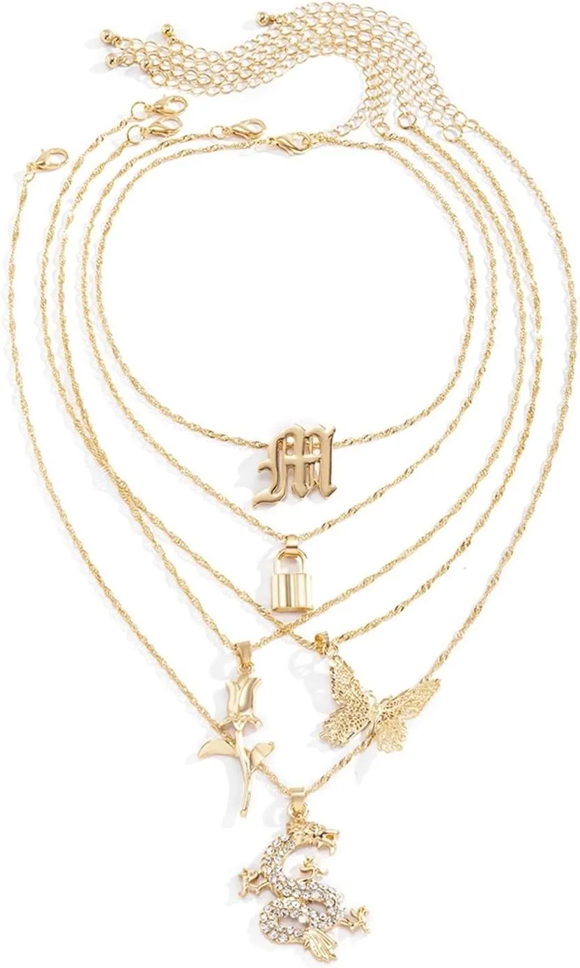 Layered Necklaces for Women, Cubic Zirconia Necklace 5 Layer Gold Lobster Claw White Round Cubic Zirconia Butterfly Lock Rose Design Cute Jewelry
