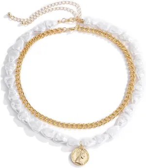 Layering Necklace Women, Pearl Necklaces for Women Vintage 2 Layer White Portrait Multi Layer Clavicle Chain Design Mother of The Groom Gifts