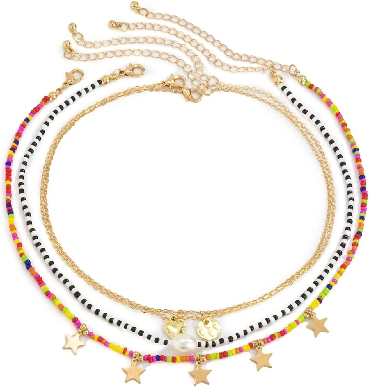 Layering Necklaces Aesthetic, Chain Necklace Women 3 Layer Gold Lobster Claw Heart Shaped Star Design Thanksgiving Jewlery