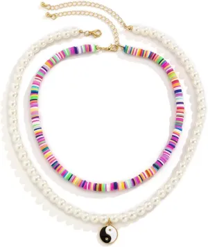 Layering Necklaces for Women, 2 Layer Necklaces for Women 2 Layer Gold Lobster Claw White Round Colorful Pearl Design Valentines Day Wolf Gifts