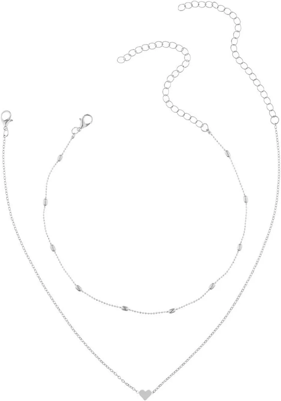 Layering Necklaces Teens, Chain Necklace Thin 2 Layer Silver Lobster Claw Multi Layered Heart Design Valentines Day Jewlery for Girls