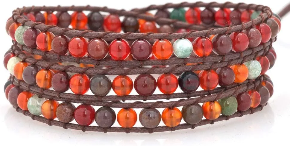 Leather Wrap Handmade Wristband Cuff Multilayer Rope Braided Bead Bracelet