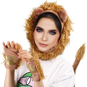 Lion Costume Adult 1 Set Animal Costume Lion Paws Fingerless Gloves Ear Headband Lion Ears Lion Headband Ears Paw Gloves Fake Lion Tail Makeup Halloween