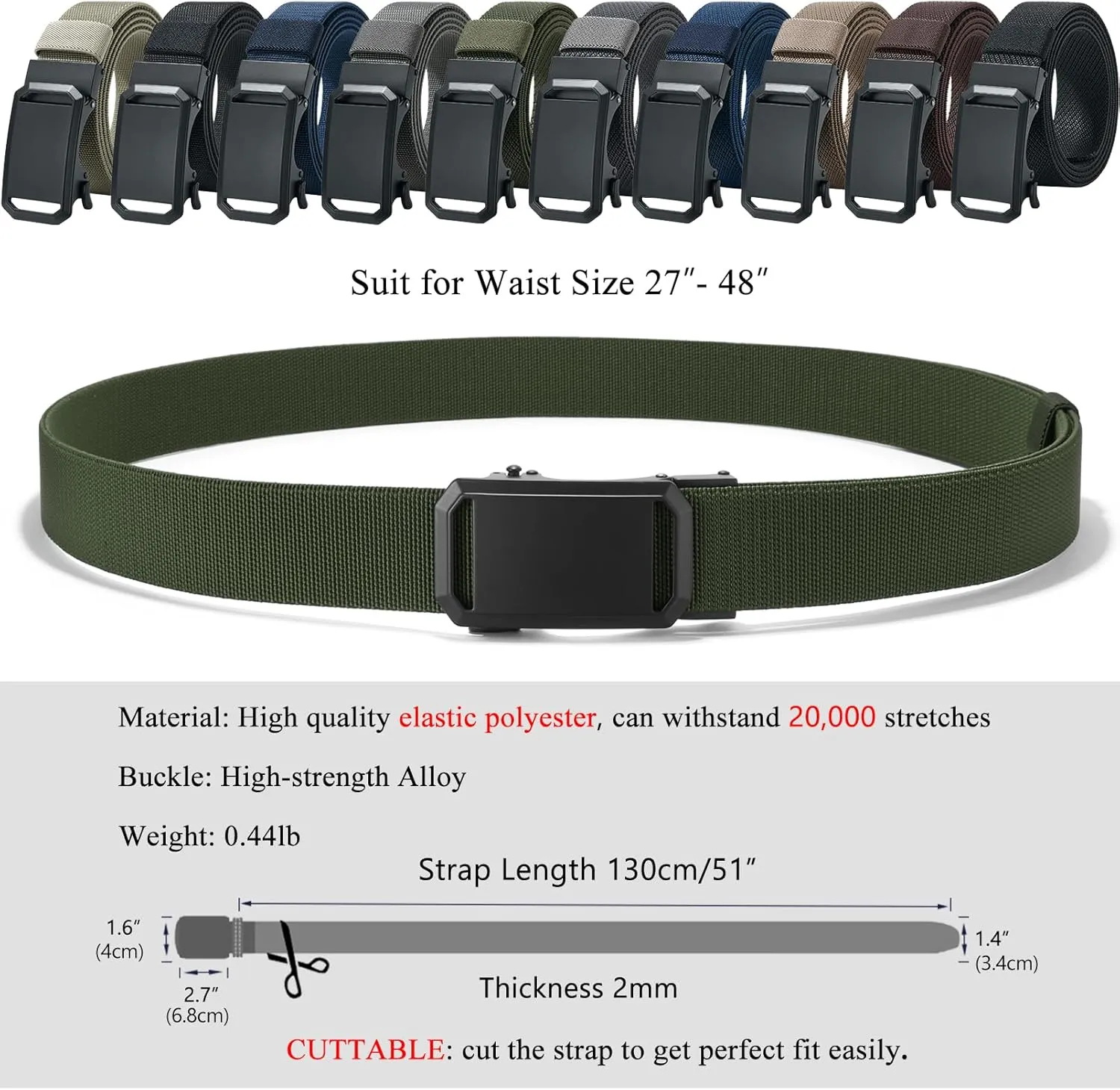 LionVII Ratchet Elastic Stretch Belts, 1 3/8" Belt for Men with Automatic Buckle for Men, Adjustable Trim to Fit 27-49" Waist