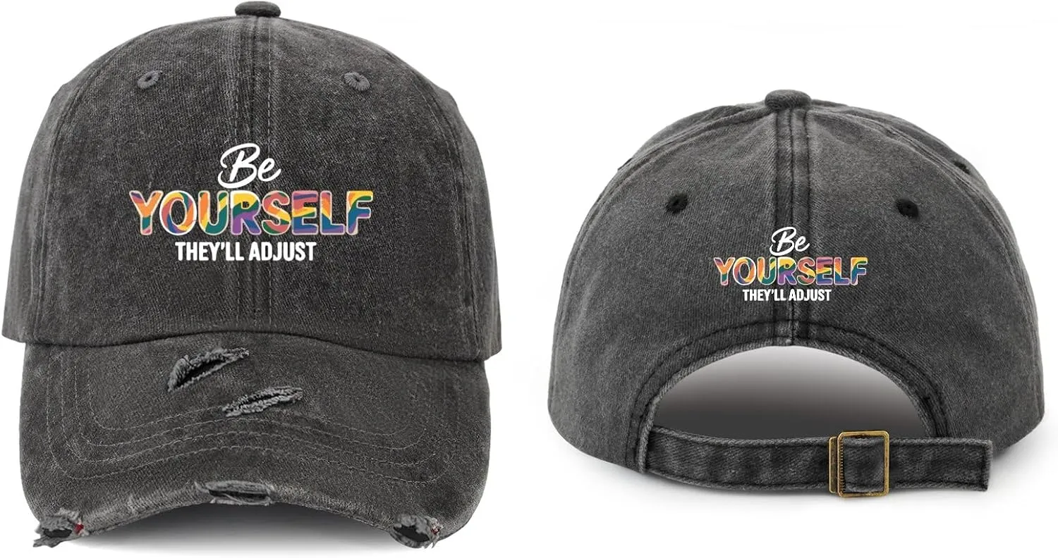 Made in US Be Yourself Theyll Adjust Trans Pride Quote Hat for Women Cotton Washed Baseball Caps Adjustable Hat Custom Gifts for Mom