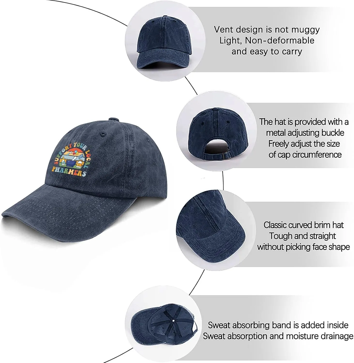 Made in US Support Your Local Pharmers Hat for Womens Baseball Caps Vintage Washed Running Hat Light