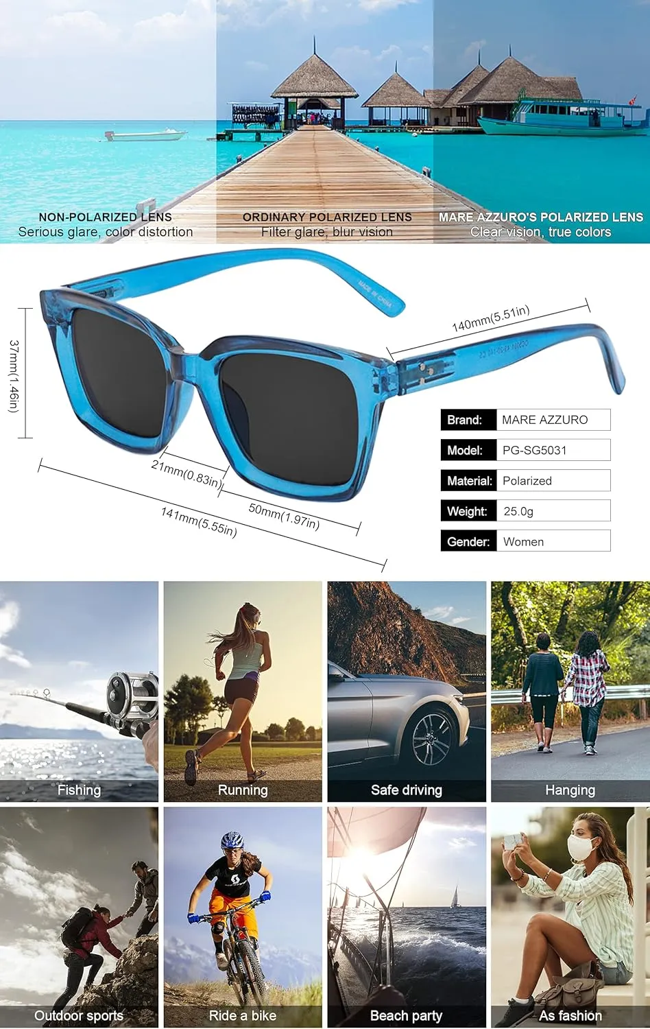 MARE AZZURO Oversized Polarized Sunglasses Women Men Driving Fishing Sports Sun Glasses UV400 Protection Party Beach Sunnies