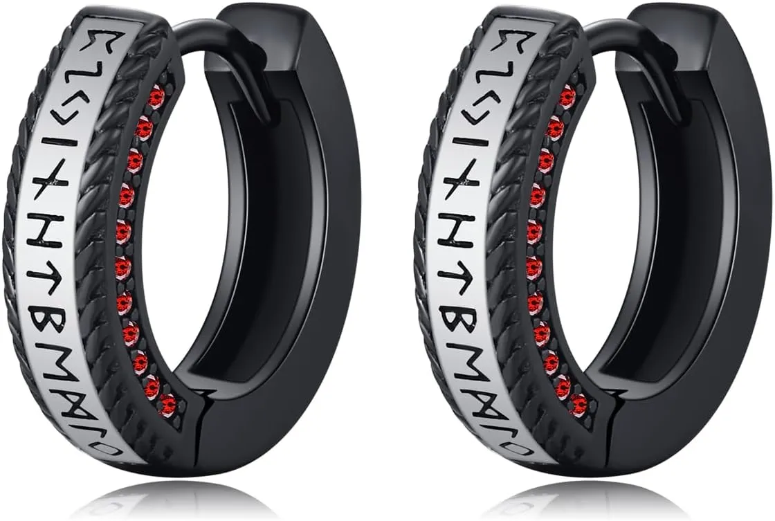 MEDWISE Unisex Viking Runes Hoop Earrings 925 Sterling Silver Hypoallergenic Punk Huggie Hoop Earring Jewelry Gifts with Delicate Packaging