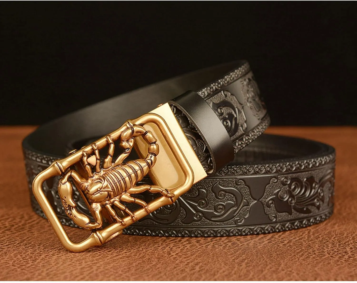 Men Cowhide Belt,Western Cowboy Metal Gold 3D-Print Scorpion Animal Ratchet Adjustable Sliding Automatic Buckle Holeless Waist Belts Jeans/Cowboy,Black gold,110CM/43.3''