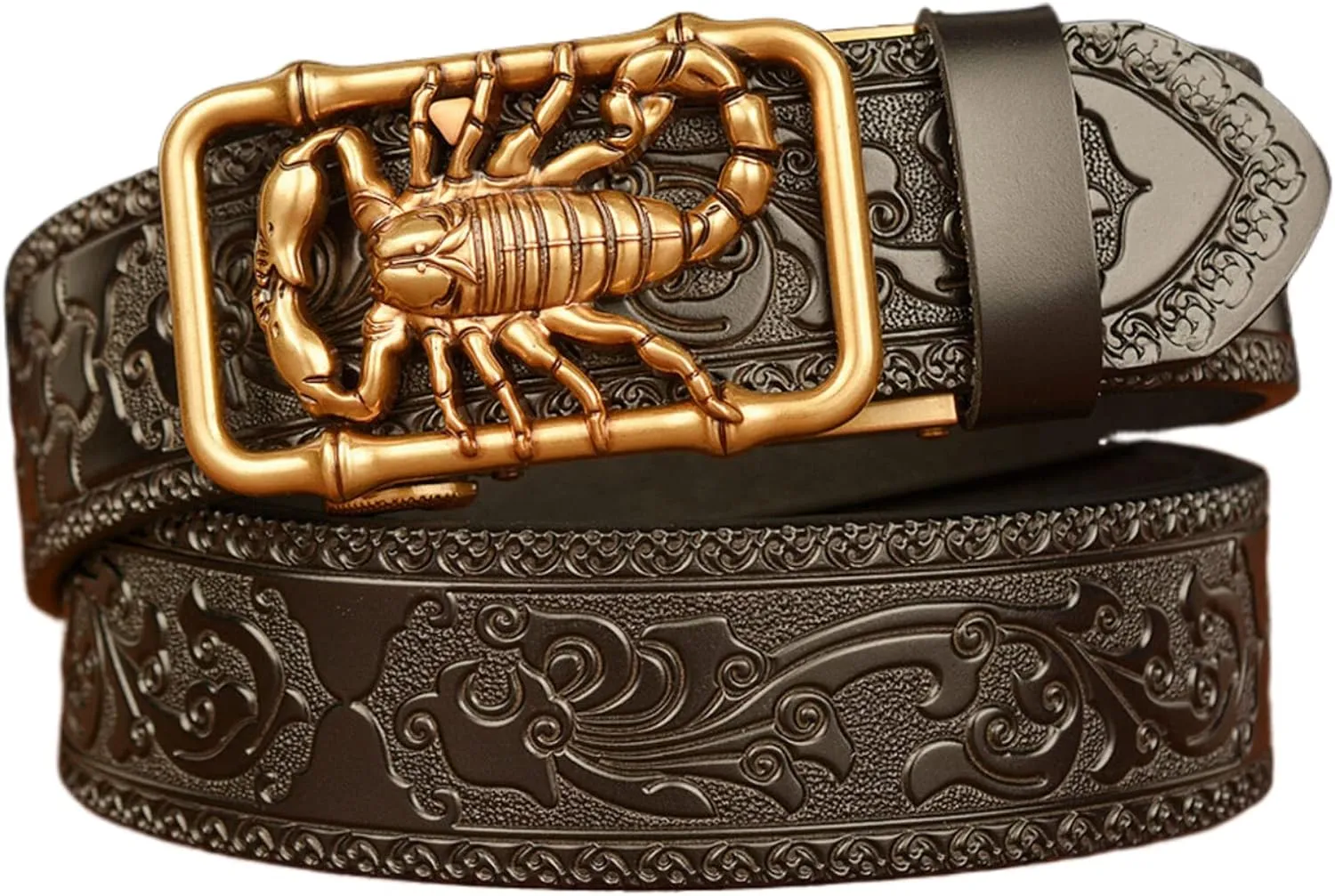 Men Cowhide Belt,Western Cowboy Metal Gold 3D-Print Scorpion Animal Ratchet Adjustable Sliding Automatic Buckle Holeless Waist Belts Jeans/Cowboy,Black gold,110CM/43.3''