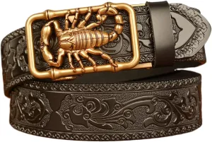Men Cowhide Belt,Western Cowboy Metal Gold 3D-Print Scorpion Animal Ratchet Adjustable Sliding Automatic Buckle Holeless Waist Belts Jeans/Cowboy,Black gold,110CM/43.3''