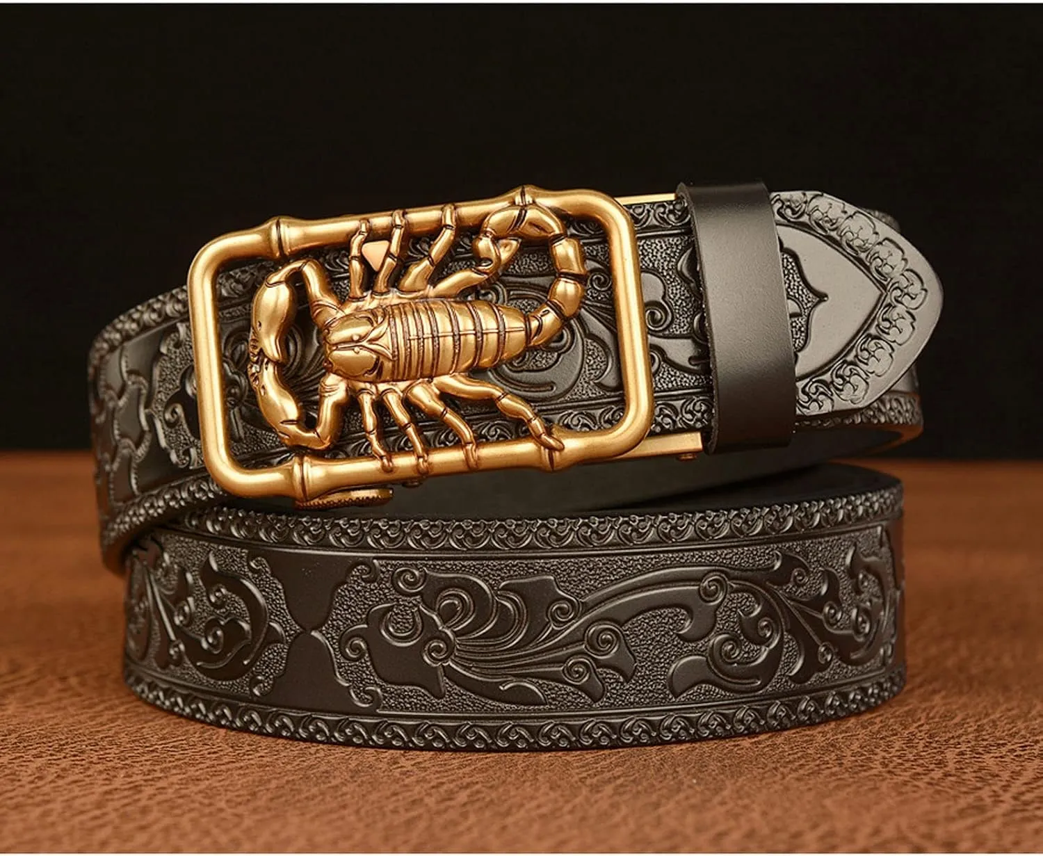 Men Cowhide Belt,Western Cowboy Metal Gold 3D-Print Scorpion Animal Ratchet Adjustable Sliding Automatic Buckle Holeless Waist Belts Jeans/Cowboy,Black gold,110CM/43.3''
