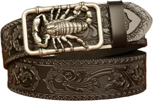 Men Cowhide Belt,Western Cowboy Metal Gold 3D-Print Scorpion Animal Ratchet Adjustable Sliding Automatic Buckle Holeless Waist Belts Jeans/Cowboy,Black Silver,110CM/43.3''