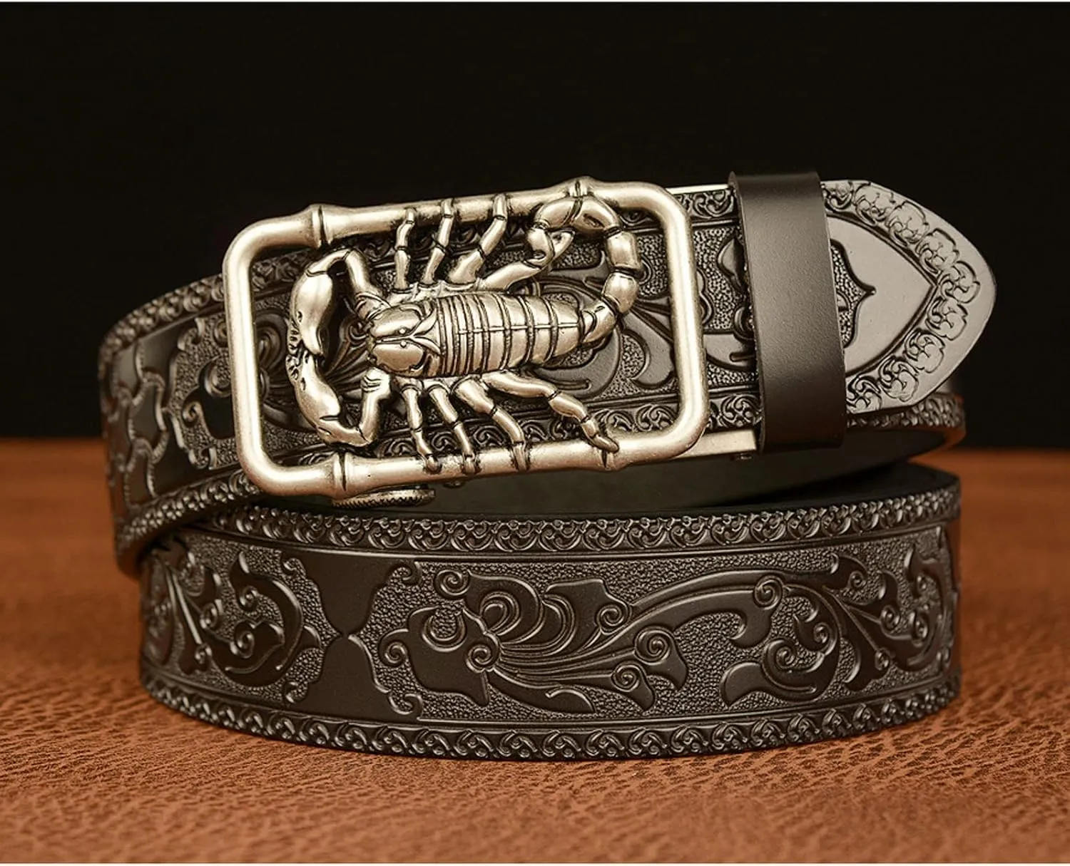 Men Cowhide Belt,Western Cowboy Metal Gold 3D-Print Scorpion Animal Ratchet Adjustable Sliding Automatic Buckle Holeless Waist Belts Jeans/Cowboy,Black Silver,110CM/43.3''