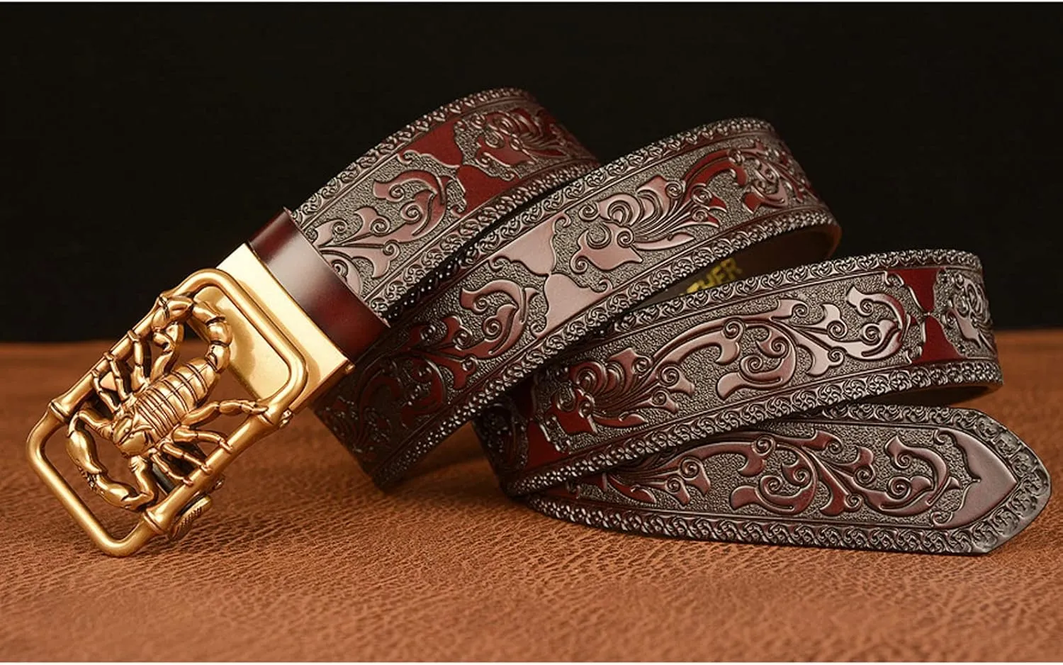 Men Cowhide Belt,Western Cowboy Metal Gold 3D-Print Scorpion Animal Ratchet Adjustable Sliding Automatic Buckle Holeless Waist Belts Jeans/Cowboy,Brown gold,110CM/43.3''